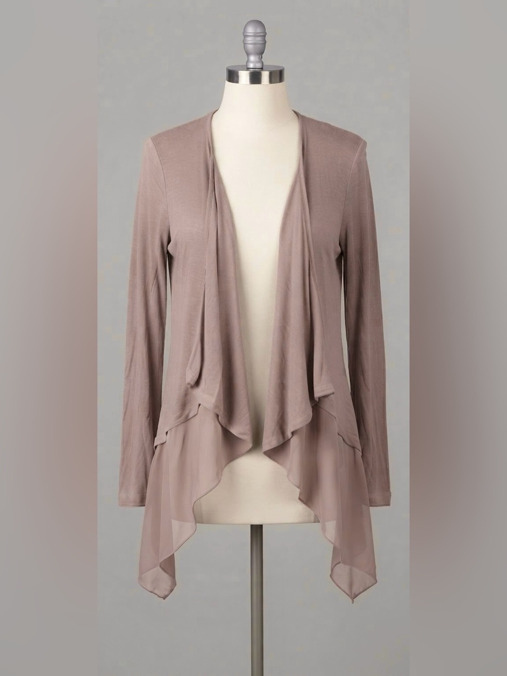Dana Buchman Muted Taupe Mushroom Light Dusty Brown Draped Open-Front Cardigan